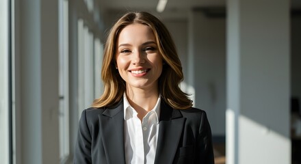 beautiful smile woman wearing a business suit, standing in the office, sunshine, with a little bit of blurred background with copy space