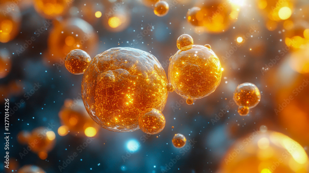 Poster abstract visualization of golden glowing molecular structures floating in space, symbolizing nanotec