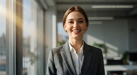 Fototapeta premium beautiful smile woman wearing a business suit, standing in the office, sunshine, with a little bit of blurred background with copy space
