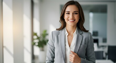 Fototapeta premium beautiful smile woman wearing a business suit, standing in the office, sunshine, with a little bit of blurred background with copy space
