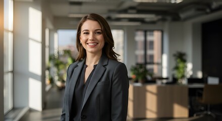 beautiful smile woman wearing a business suit, standing in the office, sunshine, with a little bit of blurred background with copy space