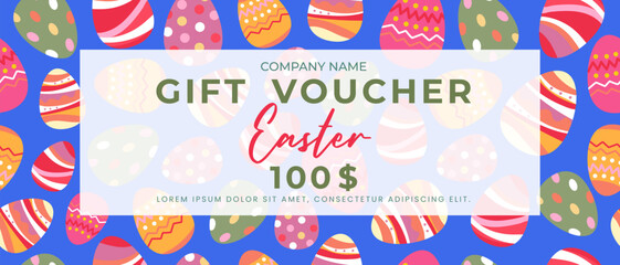 Easter gift certificate template. Gift certificate template for Easter holiday with colorful eggs.