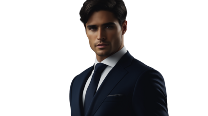 Financial analyst with neatly styled dark hair, dark blue suit, sharp tie, serious and focused gaze, isolated PNG