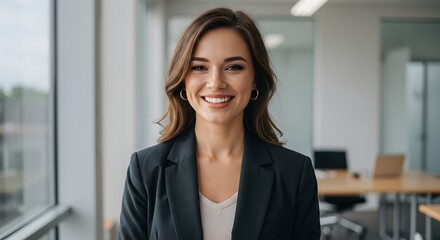 Fototapeta premium beautiful smile woman wearing a business suit, standing in the office, sunshine, with a little bit of blurred background with copy space