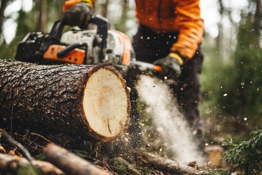 Chainsaw operator cuts down trees in the forest during daylight hours