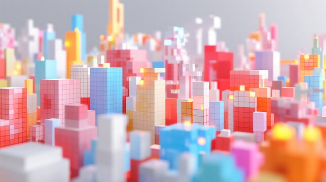 pixelated cityscape with colorful cubic structures rising in a bright abstract environment design copyspace concept of architecture gaming marketing