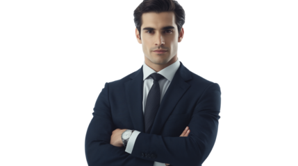 Financial analyst with neatly styled dark hair, dark blue suit, sharp tie, serious and focused gaze, isolated PNG