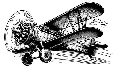 biplane in flight, featuring spinning propellers and retro design elements engraving generative ai sketch PNG illustration