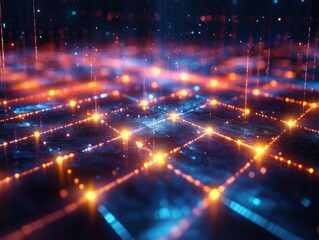 Fototapeta premium Digital Network: Glowing Lines & Nodes Abstractly Shine