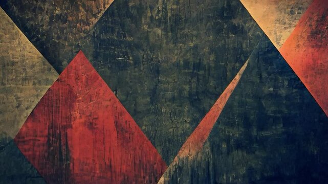 an abstract geometric artwork with a textured, aged appearance featuring overlapping diamond and triangular shapes