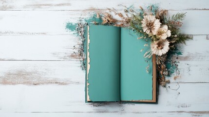 An inviting open book surrounded by a delicate arrangement of dried flowers, evoking a sense of calm and nostalgia, ideal for literary enthusiasts and creative spirits.