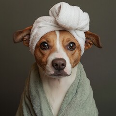 a dog in a bathrobe with a towel on its head