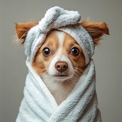a small dog in a bathrobe with a towel on its head