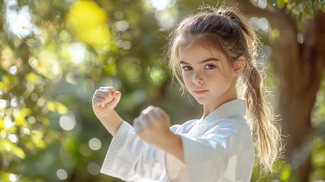 Girl in karate gi outdoors, martial arts pose.