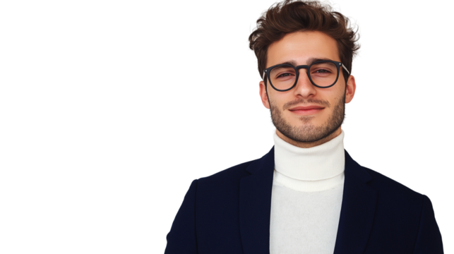 Young ambitious startup founder, casual smart look with a navy blazer over a white turtleneck, modern glasses, confident but relaxed expression, isolated PNG