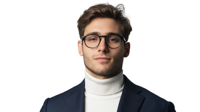 Young ambitious startup founder, casual smart look with a navy blazer over a white turtleneck, modern glasses, confident but relaxed expression, isolated PNG - Powered by Adobe