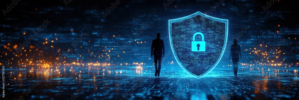 Poster visual representation of digital security with abstract figures near a glowing shield