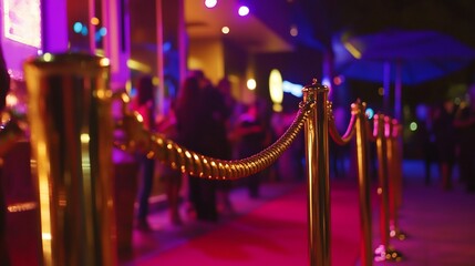 Gold stanchions and rope line outside a brightly lit venue at night.