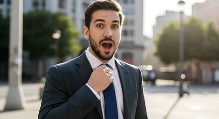 Fototapeta premium A handsome happy man wearing a full business suit, a surprised face, standing in the city, sunshine, with a little bit blurred background with side copy space