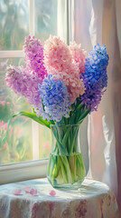 Colorful pastel pink, purple, and blue hyacinth flowers in a vase
