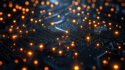 Illuminated Circuit Board; Abstract Technological Network; Dark Background; Conceptual Visualization