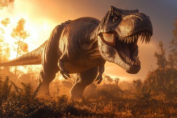 Fototapeta premium Mighty Tyrannosaurus Rex in a prehistoric jungle with volcanic cliffs and mist