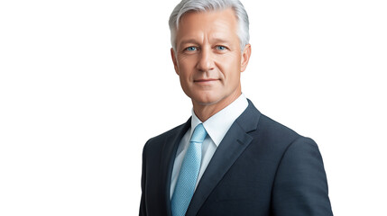 Corporate executive with silver hair, sharp blue eyes, wearing a classic dark gray suit with a light blue tie, authoritative but friendly expression, isolated PNG