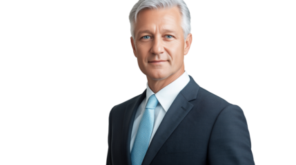 Corporate executive with silver hair, sharp blue eyes, wearing a classic dark gray suit with a light blue tie, authoritative but friendly expression, isolated PNG
