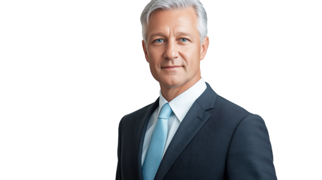 Corporate executive with silver hair, sharp blue eyes, wearing a classic dark gray suit with a light blue tie, authoritative but friendly expression, isolated PNG