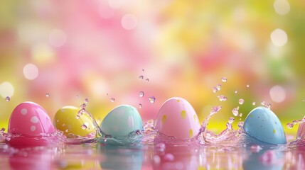 Colorful Easter eggs splashing in water against a blurred background