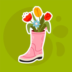 A cute sticker of a pink rubber boot filled with colorful flowers. Great for seasonal greeting cards, digital decor, and nature-themed projects.