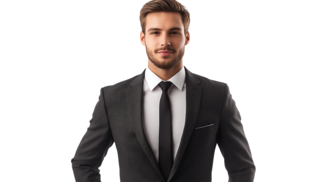 Young entrepreneur in a modern slim-fit charcoal suit, direct eye contact, confident smirk, short well-groomed beard, neatly combed hair, isolated PNG