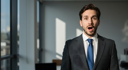 Fototapeta premium A handsome happy man wearing a full business suit, a surprised face, standing in the office, sunshine, with a little bit blur background with side copy space