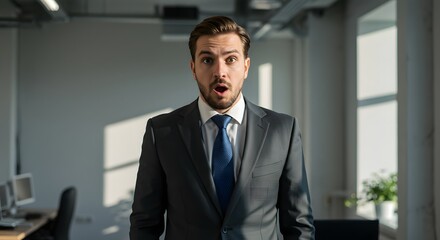 A handsome happy man wearing a full business suit, a surprised face, standing in the office, sunshine, with a little bit blur background with side copy space