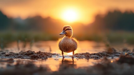 A fluffy duckling stands gracefully in the water at sunset, radiating warmth and innocence against the breathtaking backdrop of nature's tranquil beauty.