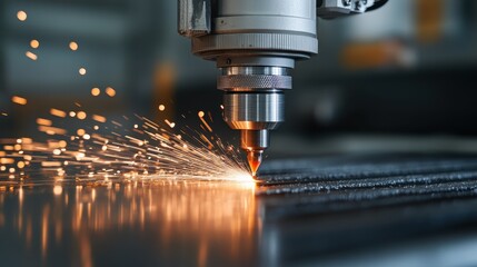 An impressive view of a laser cutting machine generating sparks while slicing through metal surfaces, underlining the cutting-edge technology in modern manufacturing.