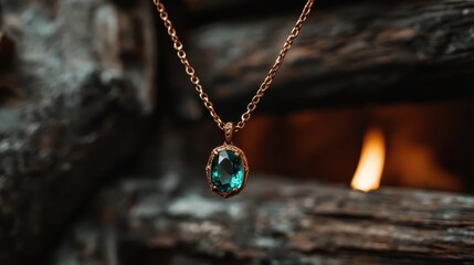 A captivating turquoise pendant gracefully hanging near a cozy fireplace, symbolizing warmth and beauty, an ideal showcase for homemade crafts and artisanal jewelry.