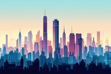 Obraz premium Modern city skyline illustration with vibrant colors at sunset