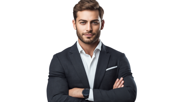 Young entrepreneur in a modern slim-fit charcoal suit, direct eye contact, confident smirk, short well-groomed beard, neatly combed hair, isolated PNG