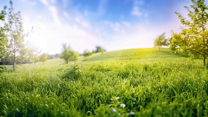 Obraz premium Idyllic Green Field with Wildflowers Under a Bright Blue Sky