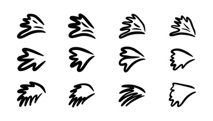 Doodle angel wing, vector sketch wings. Hand drawn bird tattoo silhouette. Illustration with angle wings and halo on white background. Cartoon style