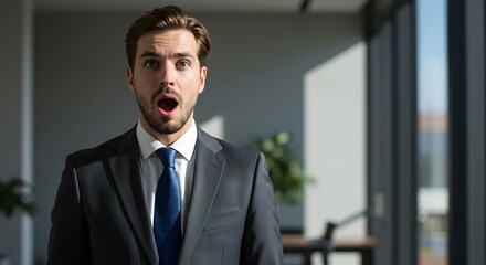 Fototapeta premium A handsome happy man wearing a full business suit, a surprised face, standing in the office, sunshine, with a little bit blur background with side copy space