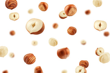 Falling Hazelnut, isolated on white background, selective focus