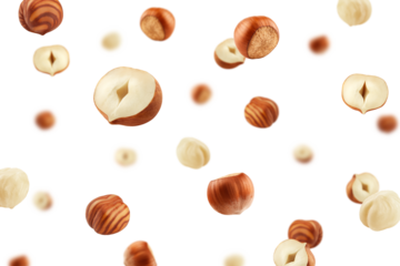 Falling Hazelnut, isolated on white background, selective focus