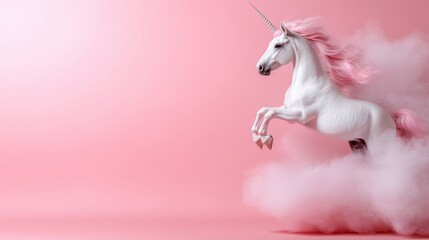 A whimsical unicorn with a pink mane leaping through soft, fluffy clouds, embodying a sense of magic and fantasy in a cheerful and playful environment unique to dreams.