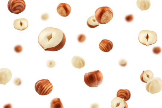 Falling Hazelnut, isolated on white background, selective focus