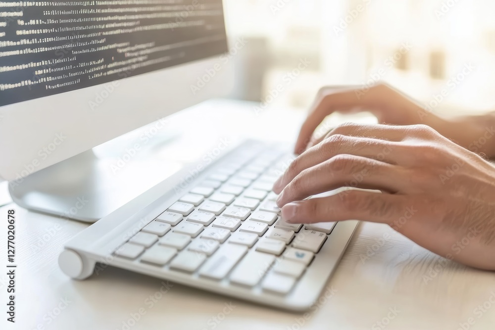 Aufkleber engaging in coding with a computer in a bright workspace during the day