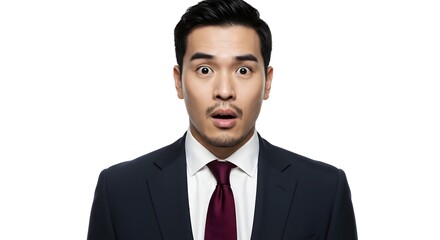 A handsome happy man wearing a full business suit, surprised face, isolated on a white background, side copy space