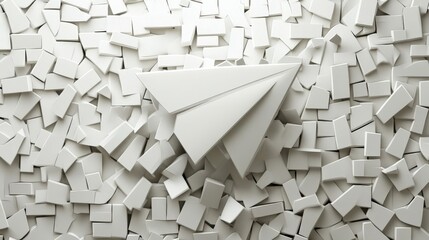 A minimalist composition featuring a paper airplane amidst scattered white geometric shapes, symbolizing creativity and innovation