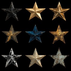 Obraz premium Assorted Metal Stars Display: A Collection of Rustic Decorative Stars in Various Finishes Against a Black Background